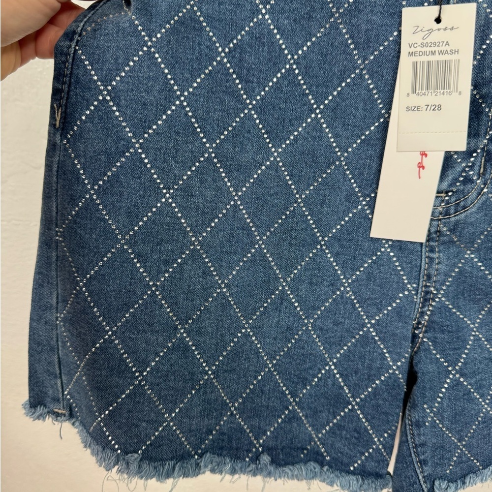 Vigoss High Rise Denim Ace Shorts Womens Size 7/28 Medium Wash Rhinestones - Picture 4 of 9